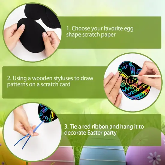 48 Pieces Easter Scratch Art Paper, Easter Egg Rainbow Magic Scratch Crafts Ornaments with Wooden Stick and Ribbon for Kids Easter Party Favor Decorations {3}