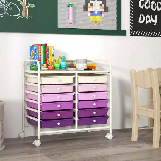 12 Removable Drawers Rolling Storage Cart with 4 Universal Wheels and Metal Frame Purple {6}
