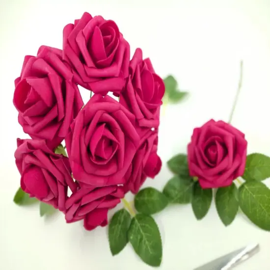 25pcs Artificial Flowers Real Looking Foam Roses Decoration DIY Fuchsia {3}