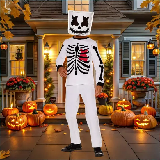 Kids Marshmello Black and White Mello Skeleton Costume Halloween DJ Mask Shirt Dress Up Outfit {4}