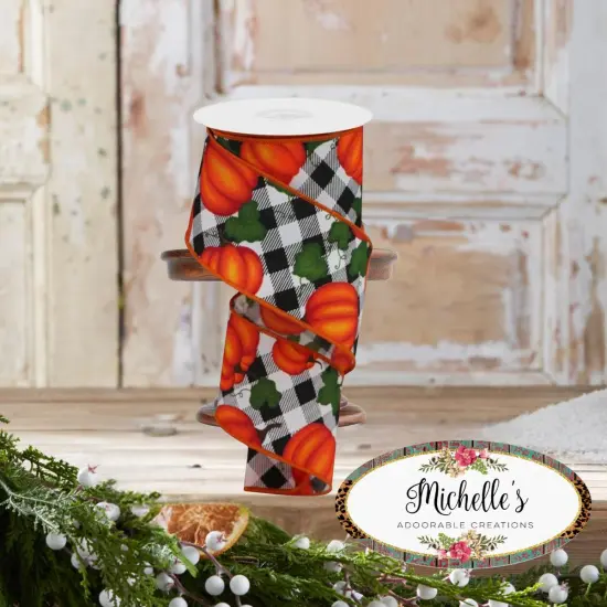 2.5" Leaves Pumpkin on Check Ribbon: White (10 Yards) {2}
