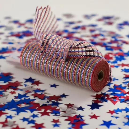 10" All Foil Thin Stripes Mesh Ribbon: Red, Natural, Blue (10 Yards) {5}