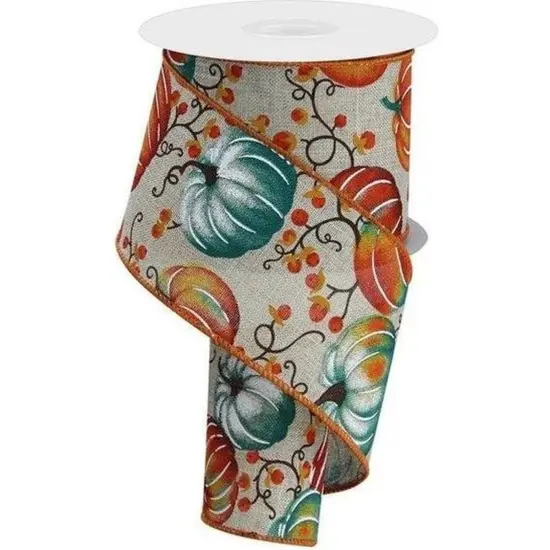 2.5" Pumpkins Bittersweet Ribbon: Light Natural/Teal (10 Yards) {1}