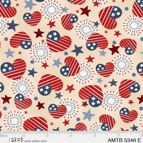 Cream Patriotic Hearts America The Beautiful 44"/45" Fabric Per Yard {1}