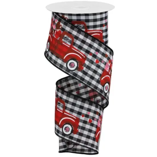 2.5" Truck Hearts Gingham Ribbon: Black (10 Yards) {1}