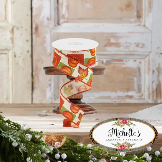 1.5" Pumpkin Sunflower and Maple Leaf Ribbon: Lt Natural (10 Yards) {2}
