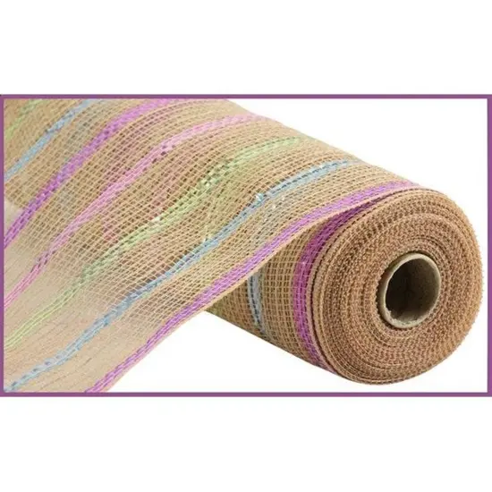 10.5" Poly Jute Matte Stripe Mesh Ribbon: Natural Pastel Stripes (10 Yards) {1}