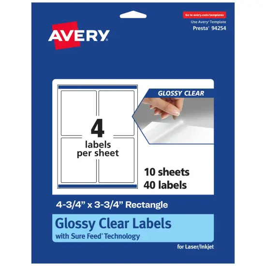 Avery Glossy Clear Rectangle Labels with Sure Feed, 4.75" x 3.75" {1}