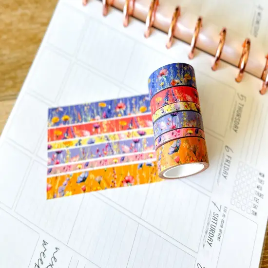 Summer Wildflowers Purple Coral Pink Yellow Periwinkle Washi Tape Set June 2025 - W134 {2}