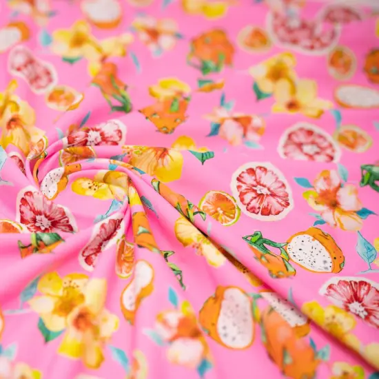 1 Yard Exotic Fruits and Yellow Hibiscus Flowers on Pink Printed Spandex Fabric 36" x 58/60" L by Wide {5}