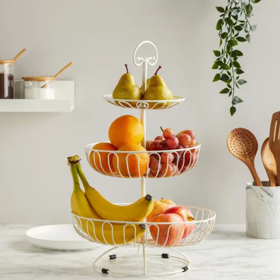 White 3-Tiered Fruit Basket for Kitchen Countertop - Metal Large Fruit Bowl Stand for Produce, Vegetables, Organization, Storage Rack (18 In) {2}