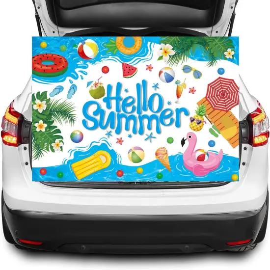 Hello Summer Backdrop Summer Pool Hawaiian Tropical Surfboard Party Decoration Cartoon Hello Summer Children Baby Shower Decoration {4}