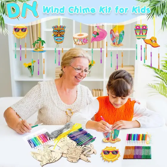16 Pack Summer Wind Chime Kit Hawaii Craft Make Your Own Flamingos Tiki Surfboard Wind Chime DIY Wooden {4}