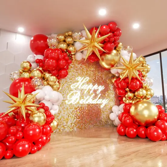 Red and Gold White Balloon Garland Arch Kit, 187Pcs Explosion Star Balloons Red White Metallic Gold Confetti Latex Balloon {1}