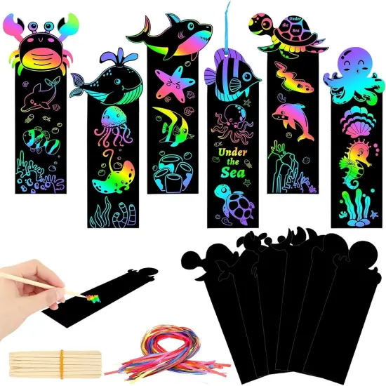 96Pcs Ocean Crafts, Magic Rainbow Scratch Art Ocean Animals Bookmarks Under The Sea Party Favors Games School Classroom Activities Summer {1}