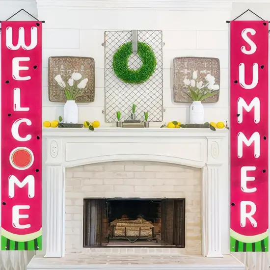 Welcome Summer Door Banner Watermelon Porch Banners Sign Sweet Pink Summer Sunshine Front Door Hanging Decor Banner for Seasonal Home Hawaii Tropical Party Outdoor Decorations {3}