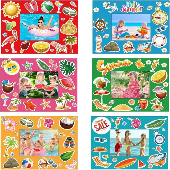 24 Pack Summer Photo Frame Craft Kit Hawaiian DIY Picture Frame Craft Stickers for Kids School Classroom Aloha Beach Pool Theme Party Gifts Game Supplies {1}