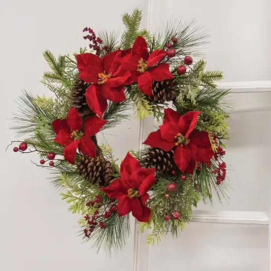Winter Party Wreath with Pinecones Poinsettias and Red Berries for Christmas {2}