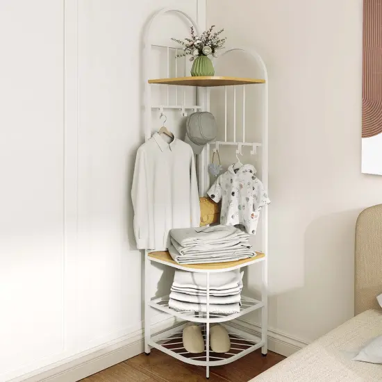 Costway 4-Tier Coat Rack Corner Hall Tree with Shoe Storage Bench 6 Removable Hooks Bedroom Brown/Natural/White {5}