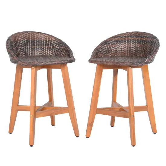 Costway Outdoor Faux Rattan Bar Chairs Set of 2/4 Solid Acacia Wood Bar Stools for Porch Brown/Gray {7}