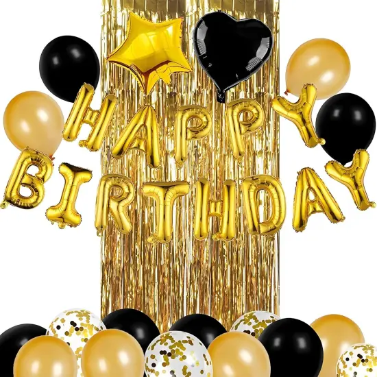 Black Gold Happy Birthday Decorations for Women Girls, Foil Heart Star Confetti Balloons {5}