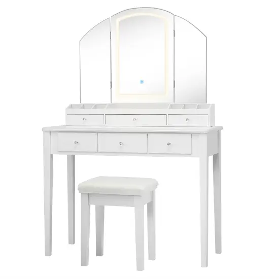 Costway Vanity Table Stool Set Large Tri-folding Lighted Mirror 6 Drawer Dresser White\Black {2}