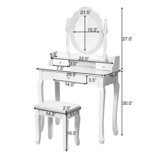 Costway White Vanity Wood Makeup Dressing Table Stool 3 Drawer {3}