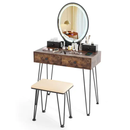 Costway Industrial Vanity Makeup Dressing Table Padded Stool Set 3-Color Lighted Mirror {7}