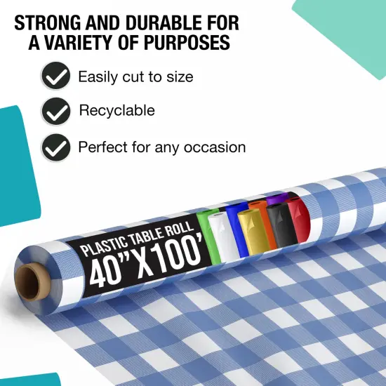 Exquisite Plastic Table Cover Roll &ndash; 40" x 100' Disposable Tablecloth Roll &ndash; Premium Thick 0.5 MIL Plastic Banquet Roll &ndash; Party Table Cover Roll for Events & Catering Blue Gingham {3}