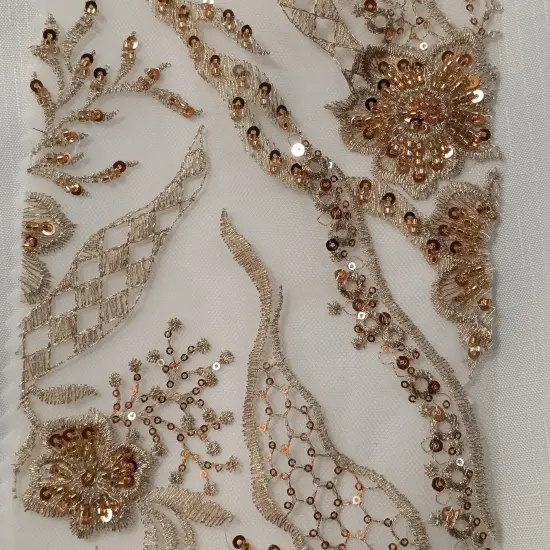 1 Yard Beaded Lace Fabric Embroidered on 100% Polyester Net Mesh 50" Width Rose Gold {4}