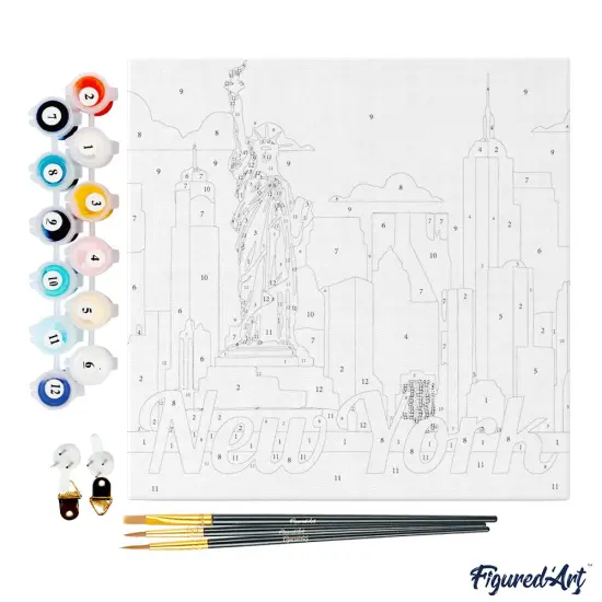Figured'Art Mini Paint by Numbers Kit for Adults with Frame Travel Poster New York Statue of Liberty Small format 8"x8" - Craft Art Painting DIY Canvas Already Stretched on a Wooden Frame {4}