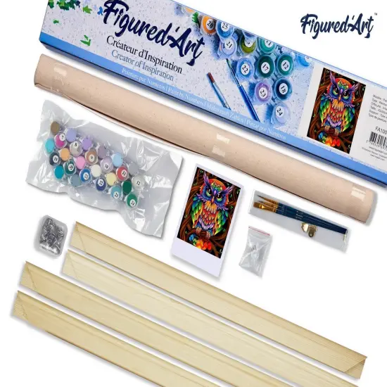 Figured'Art Paint by Numbers Kit for Adults Colourful Owl 16"x20" - Craft Art Painting Rolled Canvas with DIY wooden frame {5}