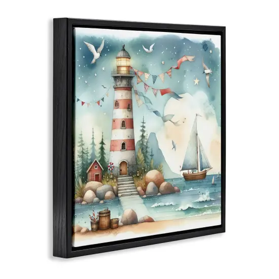 Stupell Industries Whimsical Lighthouse & Birds Floater Framed Canvas Wall Art Design by LSR Design Studio {3}