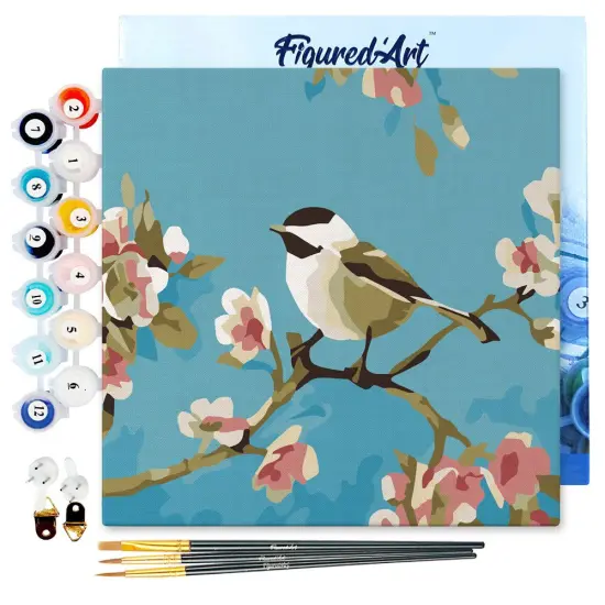 Figured'Art Mini Paint by Numbers Kit for Adults with Frame Birds Painting Small format 8"x8" - Craft Art Painting DIY Canvas Already Stretched on a Wooden Frame {1}