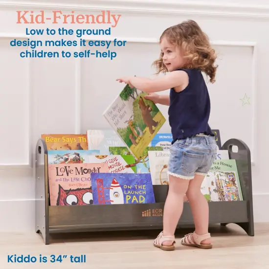 3-Shelf Floor Book Display with Handles, Beginner Bookshelf Grey Wash {4}