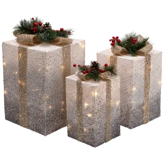 Northlight Set of 3 Silver Mesh Glittered Gift Boxes Outdoor Decorations {3}