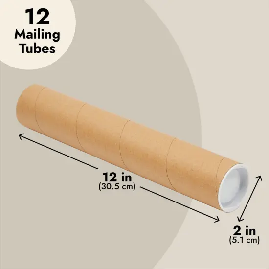 12-Pack Mailing Tubes with Caps, 2x12-Inch Kraft Paper Poster Tube for Shipping, Packing, Bulk Round Packaging, Cardboard Mailers, Art Prints, Maps, Blueprint (Brown) {5}