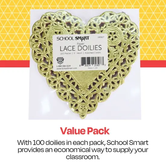 School Smart Paper Die-Cut Heart Lace Doily, 6 Inches, Assorted Color, Pack of 100 {3}
