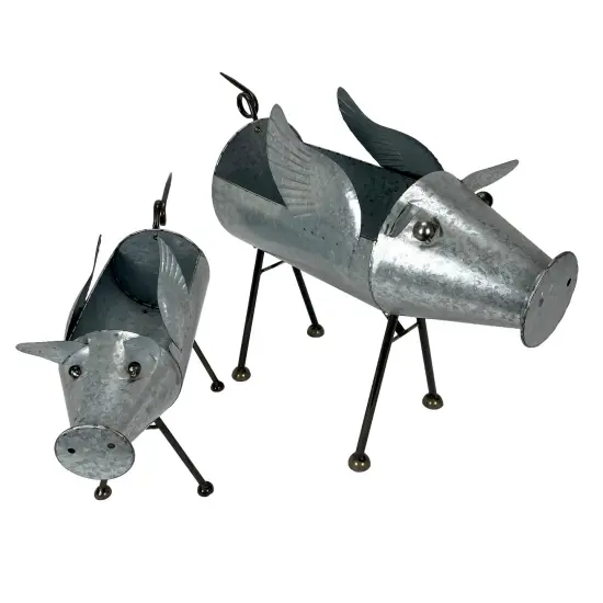 Set of 2 Flying Pig Planters - Distressed Galvanized Gray Metal - Rustic Farmhouse Garden Decor - Whimsical Planters for Indoor or Outdoor Use - Decorative and Functional Sculptures {3}