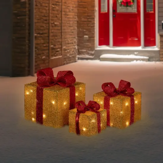 Northlight Set of 3 Gold and Red Gift Boxes with Bows Lighted Christmas Outdoor Decorations {1}
