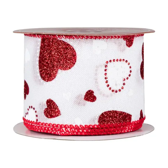 Northlight Glitter Hearts Valentine's Day Wired Craft Ribbon- 2.5" x 10 Yards - White and Red {4}