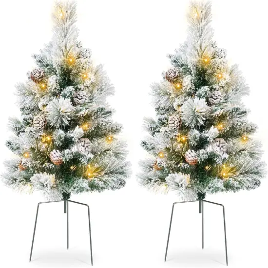 24.5in Pre-Lit Outdoor Christmas Trees, Battery Operated Holiday Pair with LED Lights Flocked {1}
