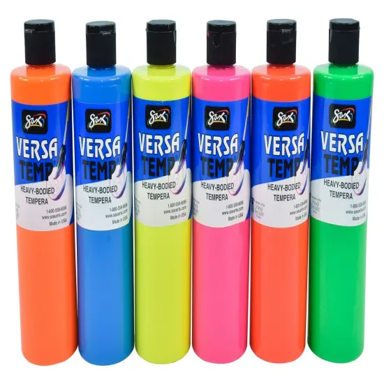 Sax Versatemp Heavy-Bodied Tempera Paint, 1 Pint Bottles, Assorted Fluorescent Neon Colors, Set of 6 {1}