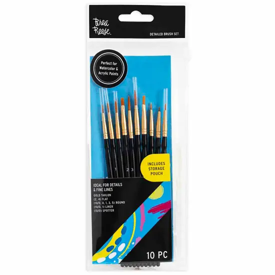 Brea Reese: Brush Set: Detailed Pack - 10pc - Gold Taklon Bristles, Storage Pouch, Perfect for Watercolor & Acrylic Paints, Adult Art Supplies {1}