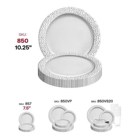 White with Silver Hammered Rim Round Plastic Dinner Plates - 10.25" (120 Plates) {6}