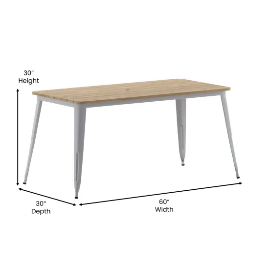 Merrick Lane Dryden Indoor/Outdoor Dining Table with Umbrella Hole, 30" x 60" All Weather Poly Resin Top and Steel Base BrownTop/SilverFrame {5}