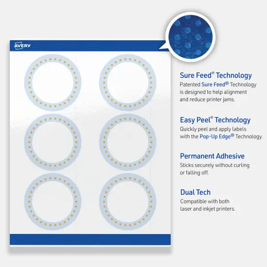 Avery Printable Round Labels, Gold Dots with Blue Border, 3" Diameter, Glossy White Round Labels, Permanent, Laser/Inkjet, 60ct, Great for Product Labels {3}