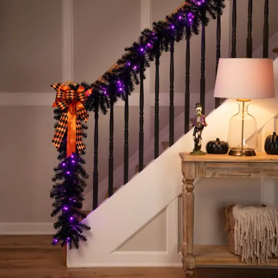 Northlight Pre-Lit Black Crystal Pine Artificial Halloween Garland - 9' x 12" - LED Purple {4}