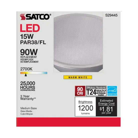Satco 15w PAR38 LED 40 deg. Beam E26 Medium base 2700k Warm White {5}