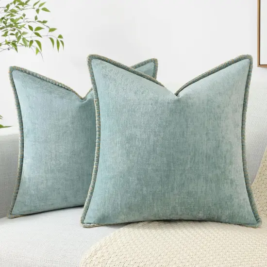 Chenille Soft Throw Pillow Covers 18x18 Set of 2, Farmhouse Velvet Decorative Pillow Covers with Stitched Edge for Couch Sofa Bed, Aqua Haze {1}